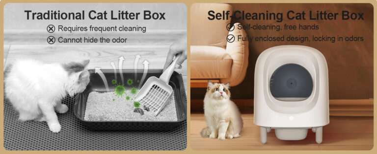 How does a self-cleaning cat litter box work?